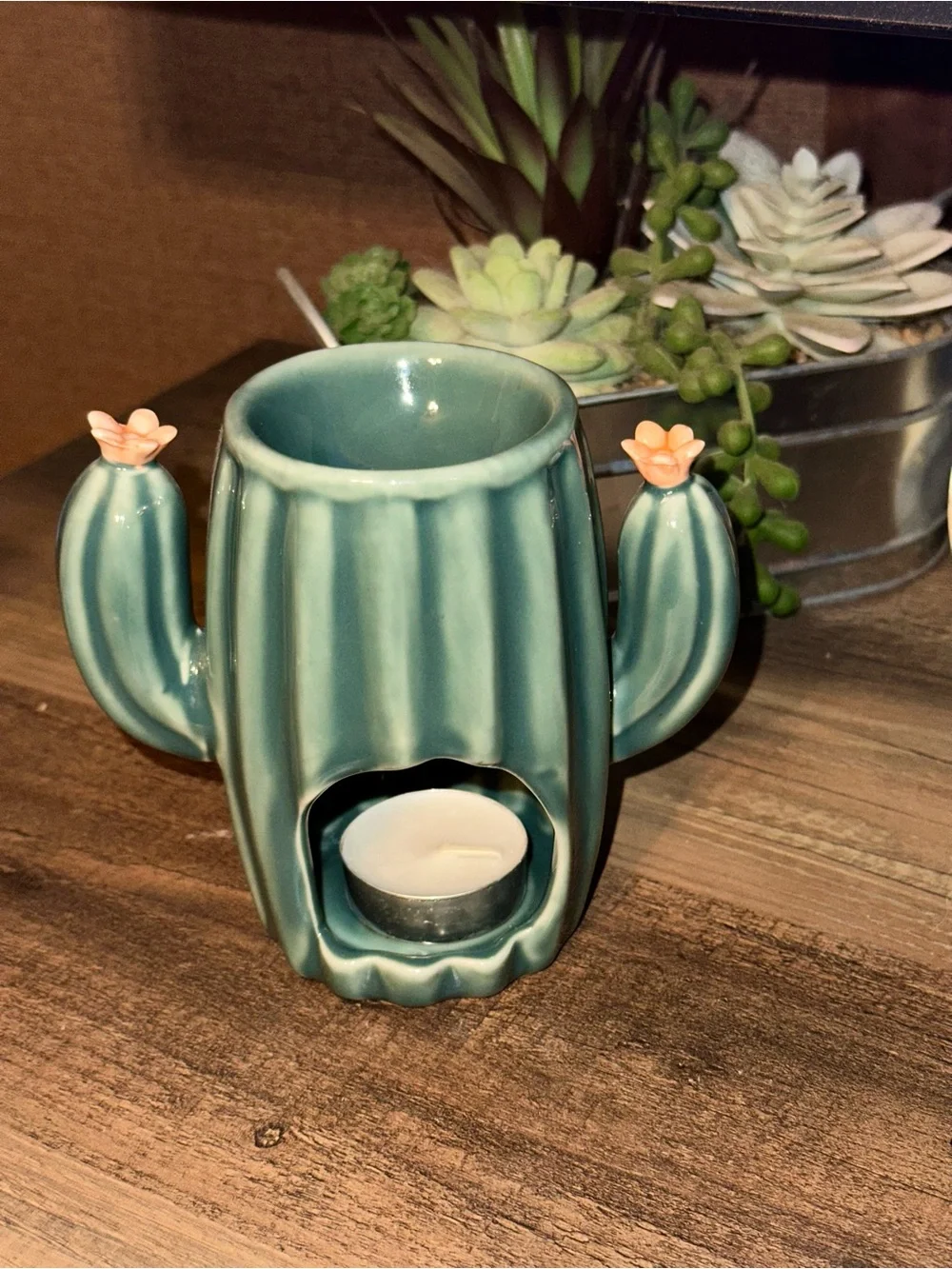 Teal Cactus Tealight Wax Warmer